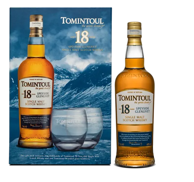 Tomintoul 18 Years Old single malt whisky gift pack glazen