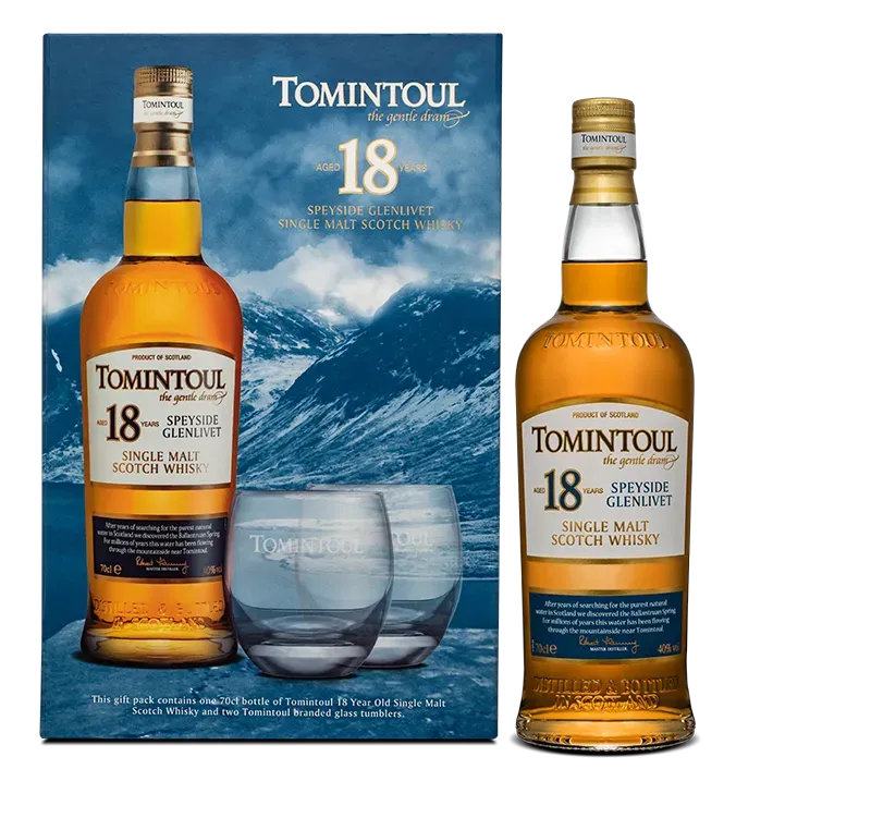 Tomintoul 18 Years Old single malt whisky gift pack glazen