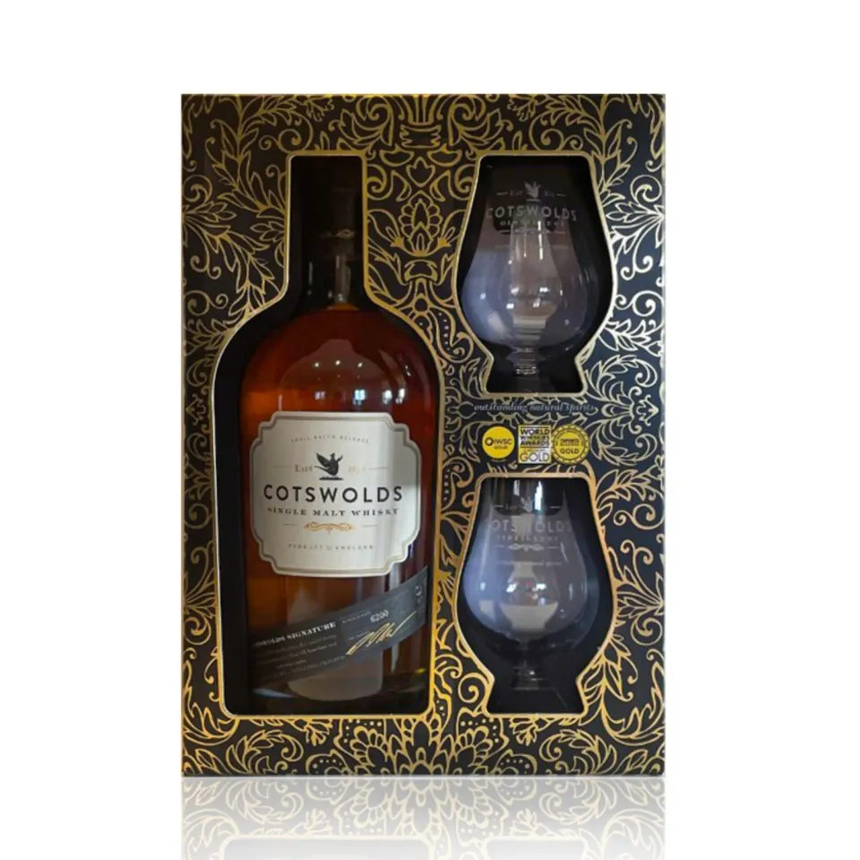 Cotswolds Signature Single Malt Whisky Cadeauset 70cl Honing met Glazen