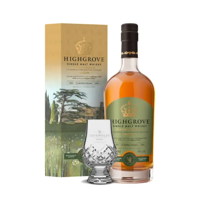 Cotswolds Royal whisky Highgrove Evergreen met glas