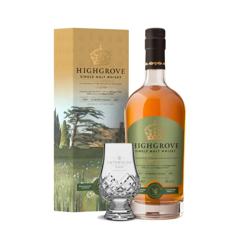 Cotswolds Royal whisky Highgrove Evergreen met glas